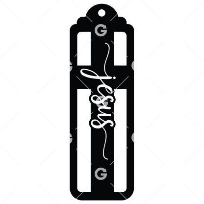 Bookmark template SVG design with a cross that reads "Jesus" and a tassel hole.